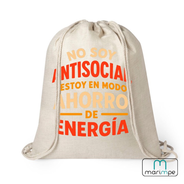 MOCHILA LINO "MOCHILA NO SOY ANTISOCIAL ESTOY EN MODO AHORRO DE ENERGÍA"
