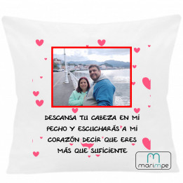 Cojín COJIN CORAZONES FRASE (Personalizable) 40x40 cm color blanco con relleno incluido.